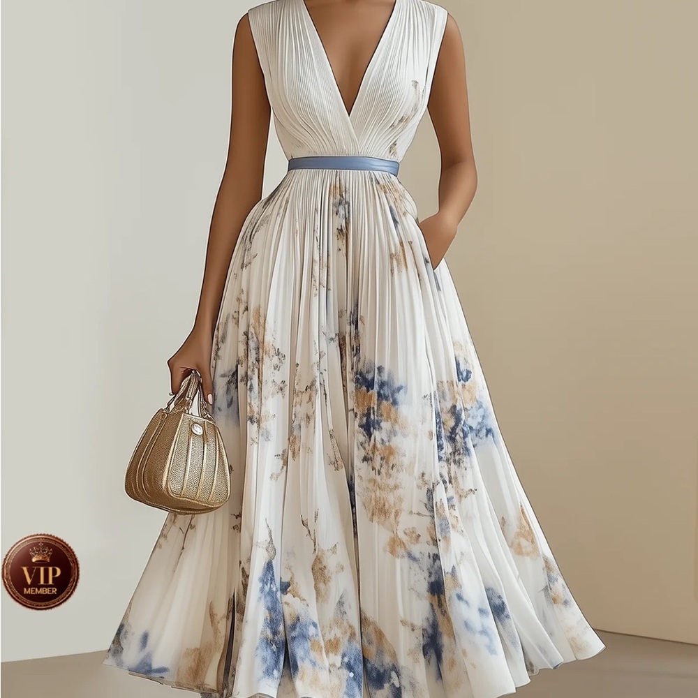 White and Blue Pleated Maxi Dress with V-Neck, sleeveless